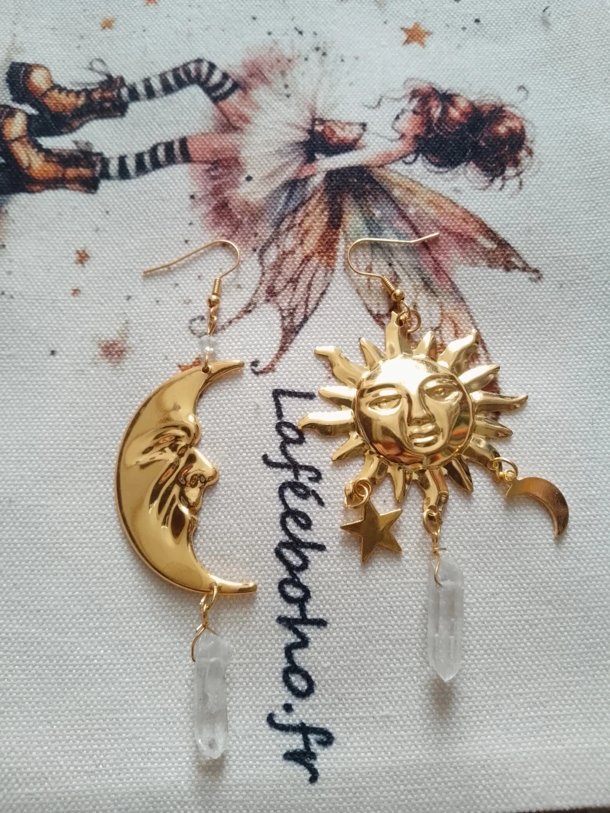 Boucles d'oreilles bohèmes lune soleil acier inoxydable doré